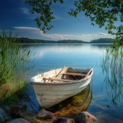 Obraz premium A serene lake scene showcases a weathered white rowboat gently resting on the tranquil shoreline, bathed in the soft light of a peaceful morning.