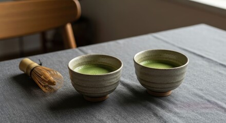 Two small bowls of vibrant green matcha tea, a bamboo whisk, on a gray table