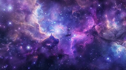 Iridescent Cosmic Nebula with Violet and Blue Gas Clouds and Twinkling Stars in Deep Space