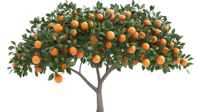 Lush orange tree filled with ripe oranges. set against a clean white background. the fruit and lush green leaves. perfect for agricultural or botanical illustrations