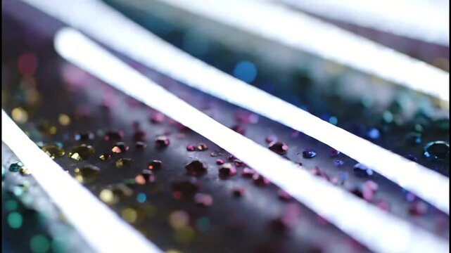 A vibrant macro view of glistening water droplets and colorful glitter on a dark surface with bright, parallel lines.