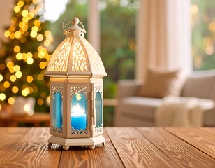 A decorative lantern on a wooden table