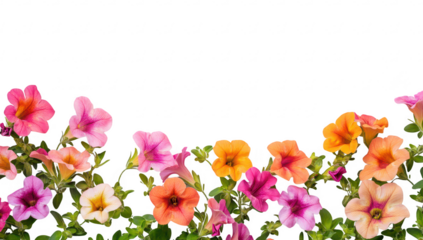A arrangement of multicolored petunias in shades of pink. orange. and yellow. artistically displayed against a clean white background. perfect for floral-themed designs and springtime promotions