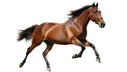 Fototapeta premium A majestic brown horse galloping freely across a bright white background. its strength and grace. perfect for illustrating themes of freedom and power in nature