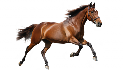 A majestic brown horse galloping freely across a bright white background. its strength and grace. perfect for illustrating themes of freedom and power in nature