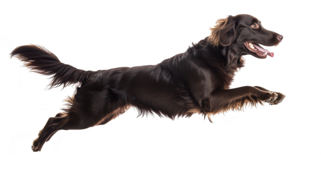A joyful brown dog leaping through the air in a bright. white studio. its playful spirit and athleticism. perfect for pet-related content and animal photography