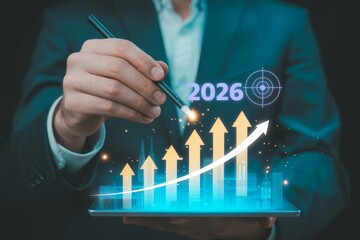 Growth trends and projections for 2026 depicted through a digital graph in a business setting