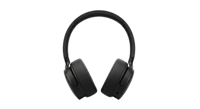 Modern pair of black wireless headphones with a minimalist design, a plain audio object isolated on a clean white background