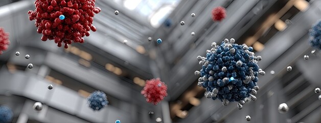 Colorful representation of virus particles floating in a modern architectural space illustrating microscopic science and biology