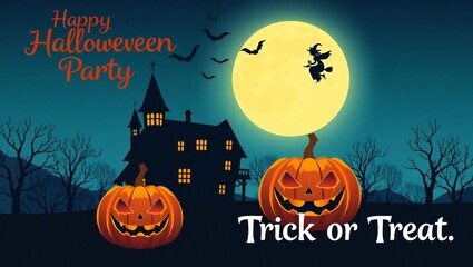 Spooky halloween night with jack-o'-lanterns haunted house full moon and witch flying