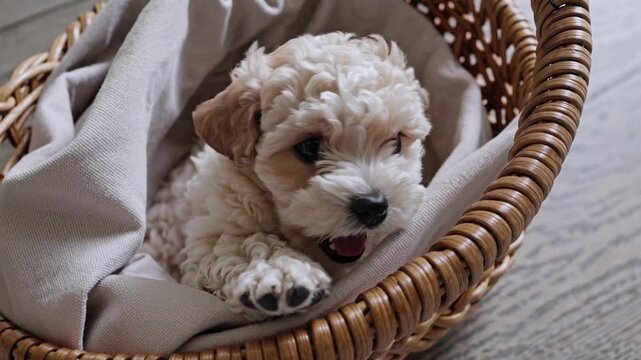 Adorable puppy yawns and stretches in a cozy woven basket, displaying fluffy fur and playful expressions, creating a heartwarming pet scene