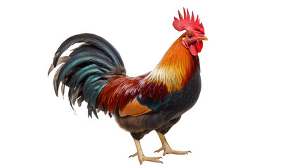 Fototapeta premium A vibrant. colorful rooster stands proudly against a white background. its striking plumage and confident posture. ideal for agricultural themes or animal photography