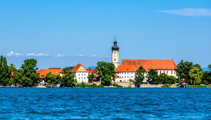 Panoramic view of a historic village on a lake