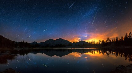 meteor. Vibrant meteor trails painting the night sky, mirrored perfectly in a tranquil alpine lake. travel magazines, destination branding, designed for outdoor magazines and nature guides.