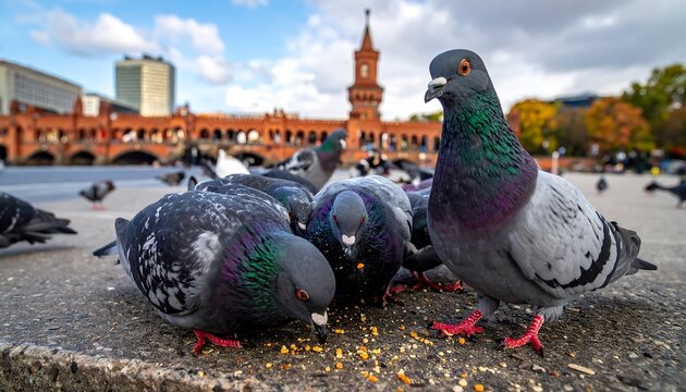 Pigeons feeding on ground in city