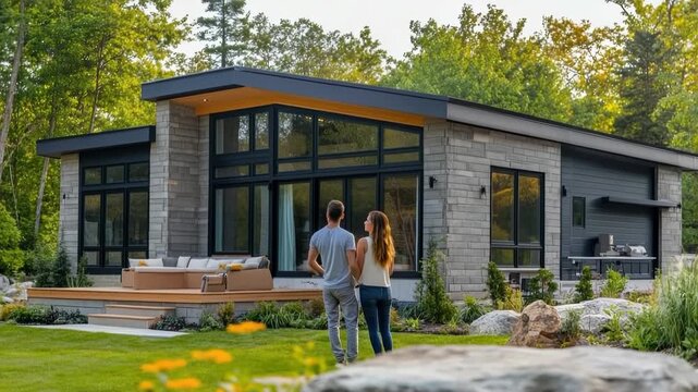 A modern house with large windows surrounded by greenery. A young Caucasian man and a young Hispanic woman stand together, admiring the architecture.