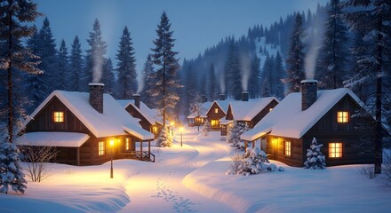 Fototapeta premium Cozy village glowing in snowy night.