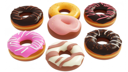 A colorful assortment of seven delicious donuts. featuring various toppings and flavors. arranged in a visually appealing manner against a clean white background. perfect for food-related content