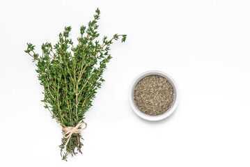 Fresh and dried thyme isolated on white background