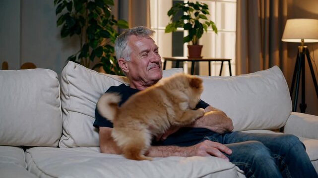 Elderly man enjoys playful interaction with small dog on a comfortable couch, surrounded by plants and soft lighting, capturing a heartwarming scene of connection