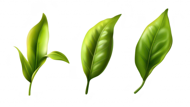 A illustration of three distinct green tea leaves their unique shapes and textures. ideal for botanical studies or herbal product marketing
