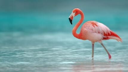 A vibrant flamingo stands gracefully in shallow, turquoise water, showcasing its stunning pink plumage against a soft, out-of-focus background.