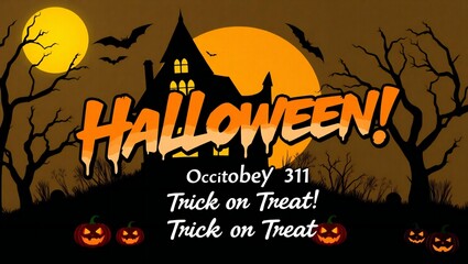 Spooky halloween night with haunted house full moon and trick or treat greeting