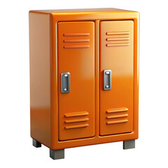 Bright orange two-door metal locker with silver handles and gray feet isolated on transparent background