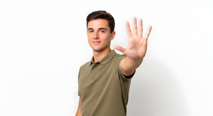 Young man showing five fingers hand gesture count number five studio isolated background