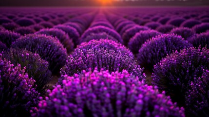 Morning sunlight illuminating a field of lavender flowers, purple blossoms stretching into the distance, soft-focus effect for dreamy mood. , full ultra HD, high resolution