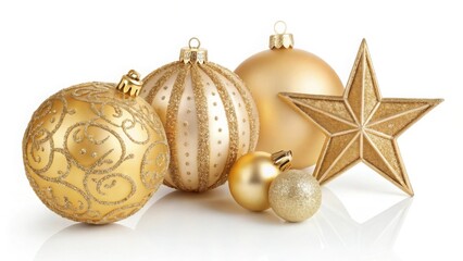 Golden christmas ornaments isolated on white background for decoration