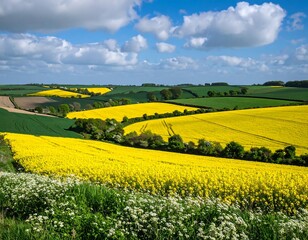 A vibrant landscape of rolling hills and fields