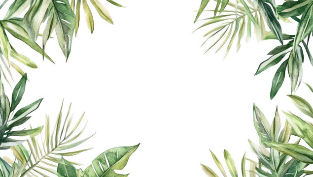 A arrangement of various tropical leaves framing a blank white space. ideal for invitations. backgrounds. or presentations. evoking a serene natural atmosphere