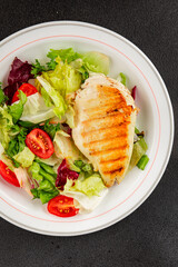 Grilled chicken breast salad chicken breast tomato, green leaf lettuce, salad mix snack vegetables snack gourmet food background on the table rusticcopy space keto and paleo diet vegan and vegan food