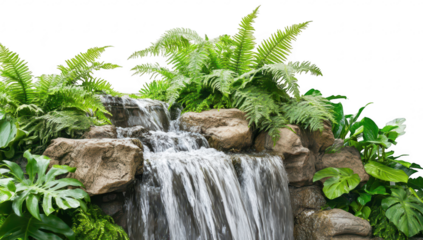 A serene waterfall cascading over natural rocks. surrounded by lush green ferns and tropical plants. creating a tranquil oasis ideal for relaxation and nature-themed projects