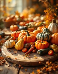 A vibrant display of fall gourds and pumpkins, arranged on a rustic wooden board, bathed in warm sunlight.