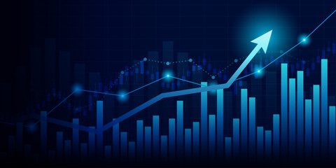 technology financial graph with uptrend line arrow and bar chart of stock market on blue color background