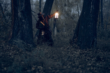 Mysterious figure illuminates dark forest path with lantern.