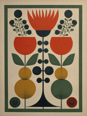 Colorful abstract floral design featuring bold shapes and vibrant hues, showcasing a modern artistic style inspired by nature and folk art