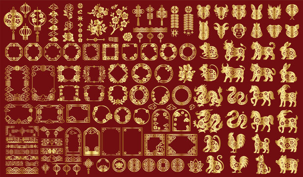Chinese New Year golden red vector set with zodiac animals, frames, lanterns and floral ornaments