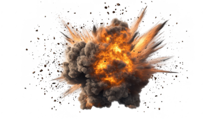 A dramatic explosion erupts with fiery orange flames and dark smoke. creating a powerful visual spectacle against a white background. ideal for action-themed media and graphic design projects
