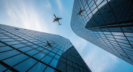 An airplane flying over glass skyscrapers in a financial district, creating an abstract cityscape background.