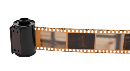 A developing roll of photographic film from a canister showing grainy images on a clear background