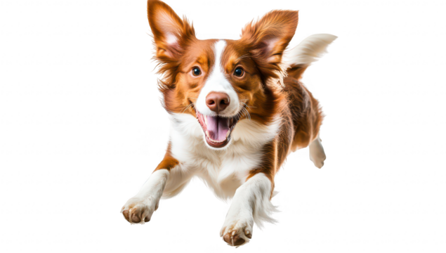 A joyful dog leaping in mid-air with its ears flopping. its playful spirit against a clean white background. perfect for pet-related articles or advertisements