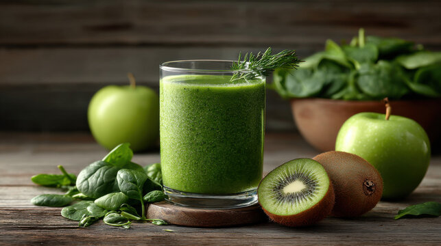 Refreshing green smoothie made with spinach, kiwi, and green apples on a wooden table