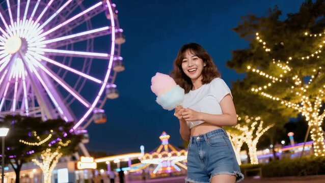 Mujer de 23 años coreana en un parque de diversiones por la noche