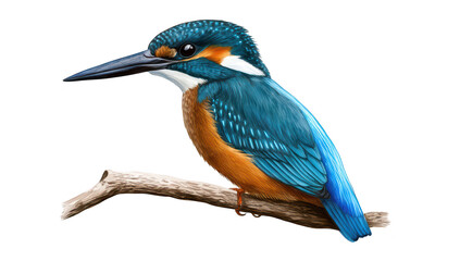 A kingfisher perched on a branch. its stunning blue and orange plumage against a clean white background. ideal for nature-themed projects and wildlife conservation efforts