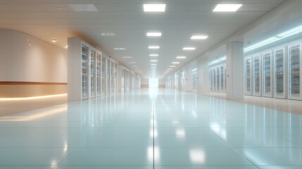 Symmetrical Modern Data Server Room with Glowing Blue Lights and Reflections in Polished Floor in Cinematic Style and HDR Rendering