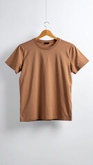 Realistic Unisex Light Brown T Shirt Mockup Flat Hanging on Neutral Background
