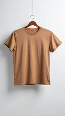 Realistic Unisex Light Brown T Shirt Mockup Flat Hanging on Neutral Background